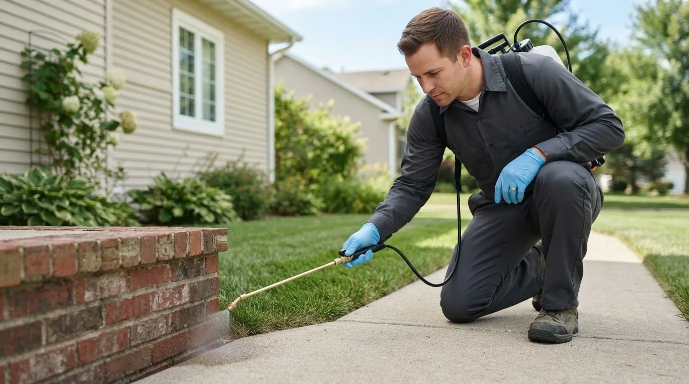 Pest control technician treating a home near Mayetta, KS